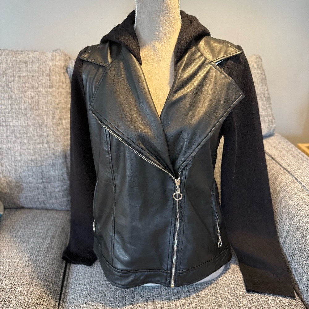 Joie Black Faux Leather Jacket with Knit Sleeves